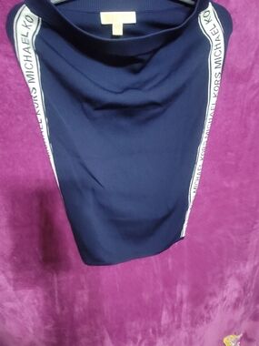 Michael Kors Navy Pencil Skirt with White Logo Side Tape